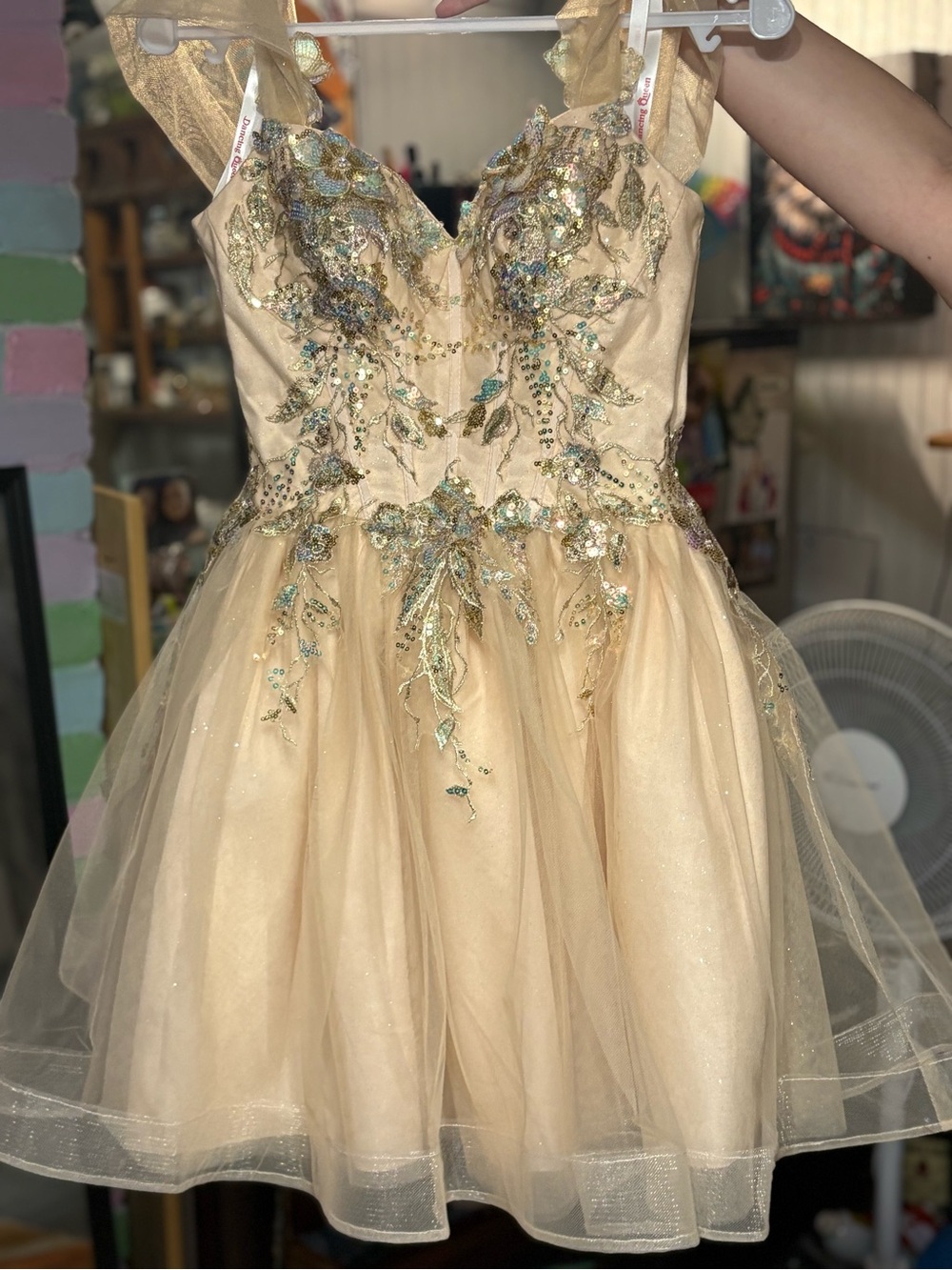 Dancing Queen Gold Tulle Dress with Sequin Floral Bodice
